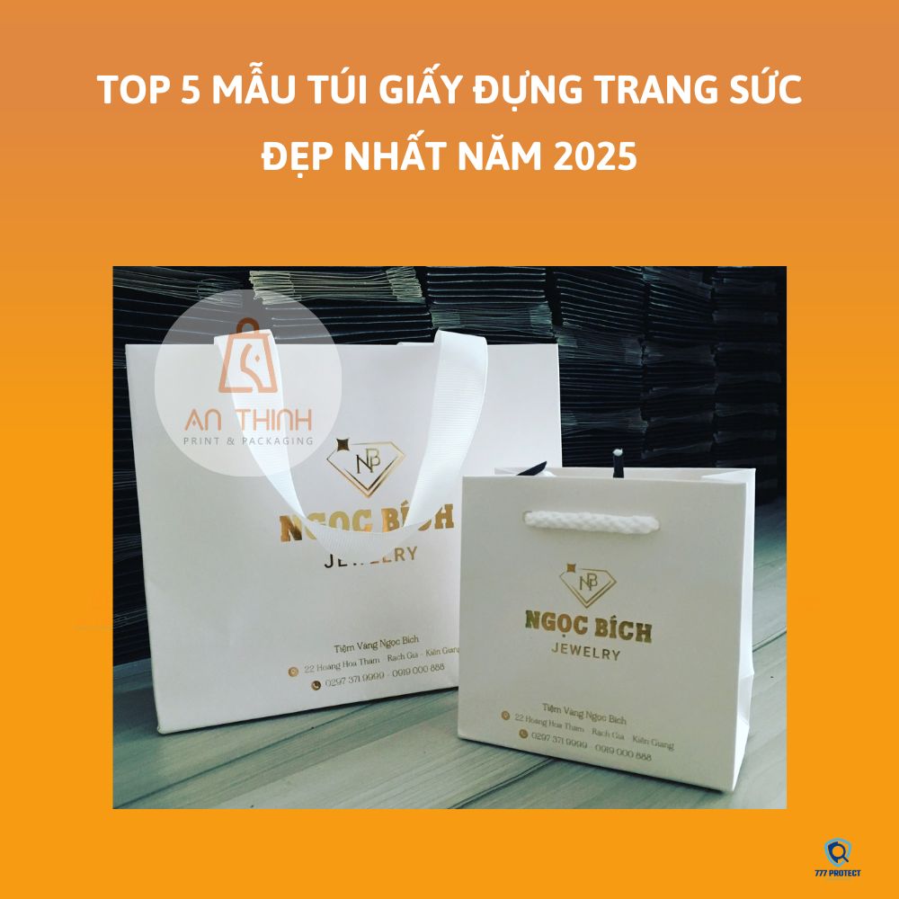 Mẫu túi giấy đựng trang sức màu trắng chữ ép kim vàng nổi bật