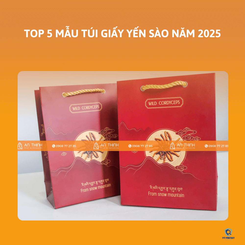 Túi giấy màu đỏ với dây quai xách màu vàng nổi bật